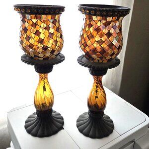 PARTYLITE    PILLARS WITH GLOBAL FUSION TOP CANDLE HOLDERS   SET OF 2